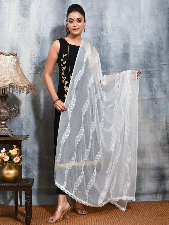 swatika White net Embroidered Dupatta