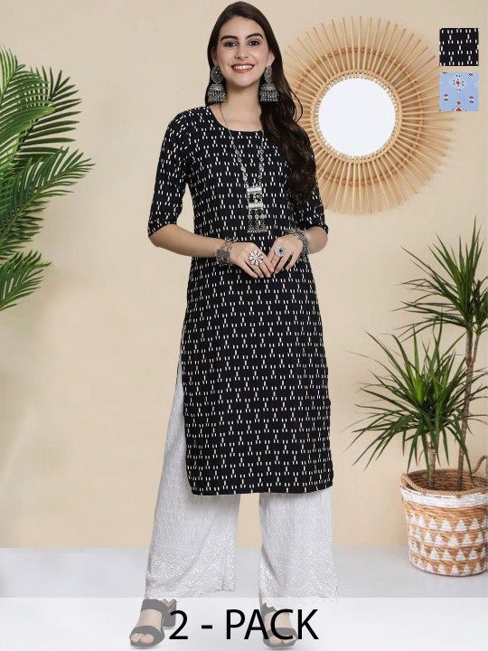 HERE&NOW Selection Of 2 Geometric Printed Round Neck Straight Kurtas