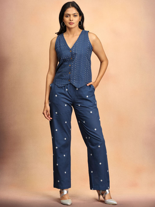 The Woman Store Printed Pure Cotton V Neck Waistcoat & Trousers Co-Ords
