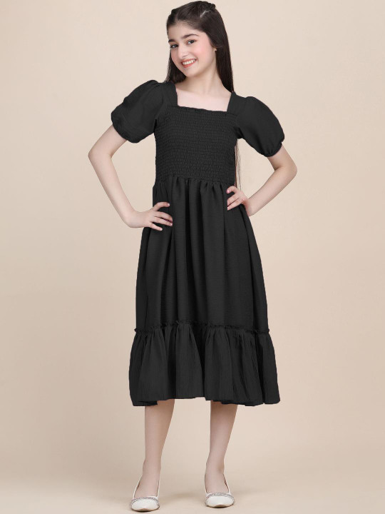 YK Puff Sleeve Crepe Formal Fit & Flare Dress