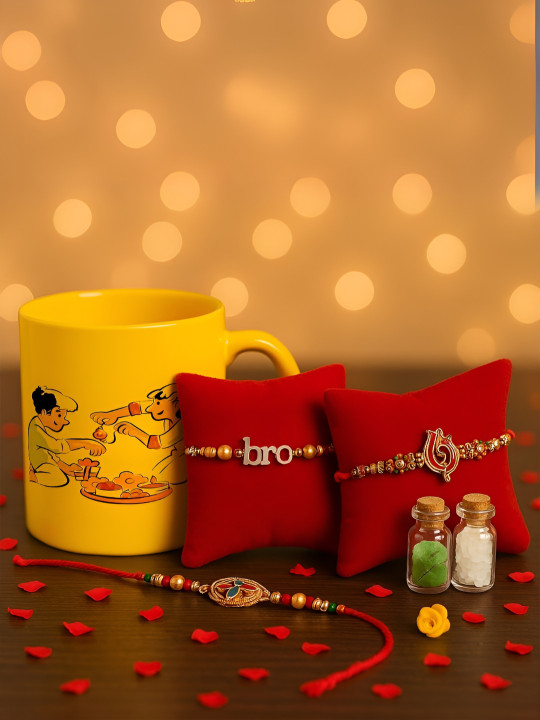 INTERNATIONAL GIFT Set Of 2 Rakhi With Roli Chawal & Mug