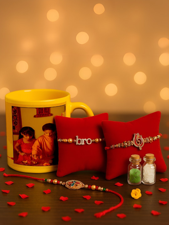 INTERNATIONAL GIFT Set Of 2 Rakhi With Roli Chawal & Mug