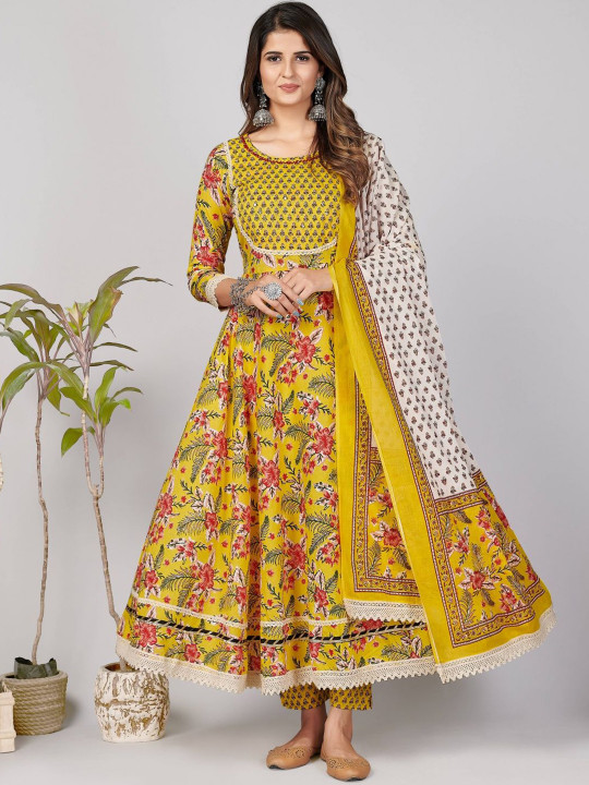 KALINI Floral Printed Pure Cotton Round Neck Anarkali Kurta With Trousers & Dupatta