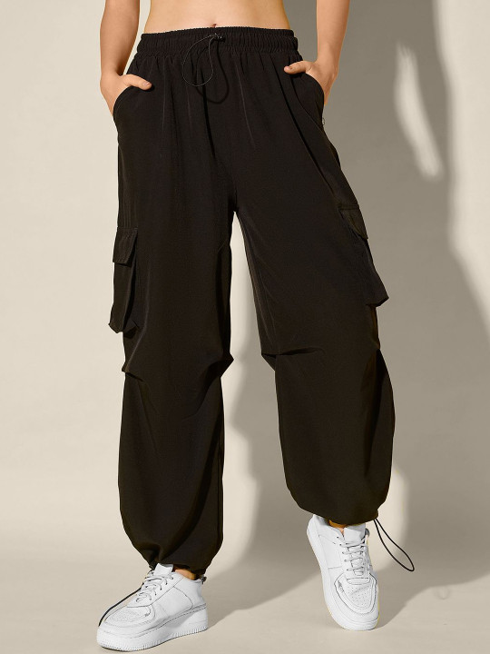 QIOA Women Relaxed Loose Fit High-Rise Cargos Trousers