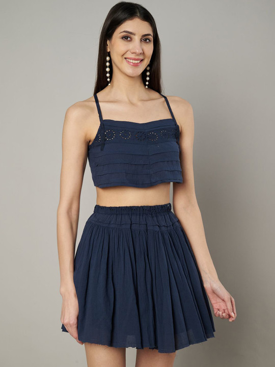 Amagyaa Embroidered Square Neck Crop Top With Mini Skirt Co-Ords