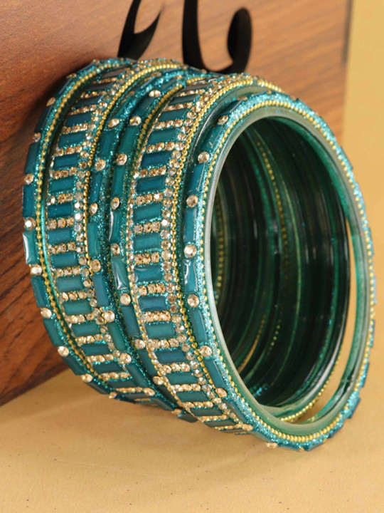 ZULKA Set Of 6 Zircon Diamonds Studded & Beaded GlassBangles