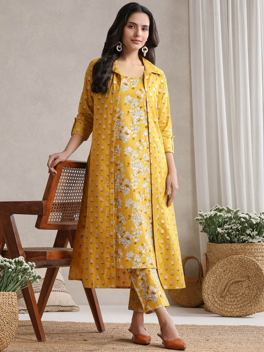 Khushal K Floral Printed Cotton Tunic With Trouser & Jacket Co-Ords