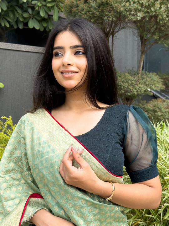 Bindigasm's Advi Round Neck Voluminous Puff Sleeve Readymade Saree Blouse