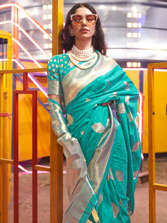 Mitera Blue & Gold toned Ethnic Motifs Woven Design Zari Banarasi Saree
