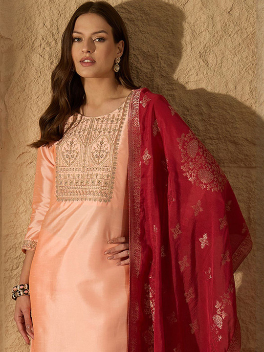 KALINI Ethnic Motifs Embroidered Round Neck Thread Work Kurta With Trousers & Dupatta