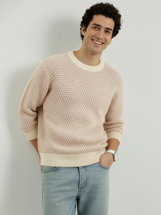 Mast & Harbour Geometric Self Design Pullover with Fuzzy Detail