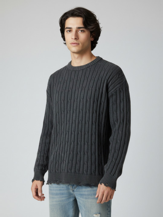 glitchez Cable Knit Distressed Hem Pullover