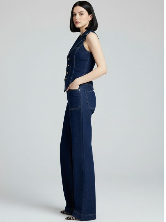 bebe Women Solid Vest Denim Top & Trousers Set
