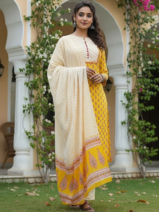 AHIKA Ethnic Motifs Printed Regular Straight Kurta With Trousers & Dupatta
