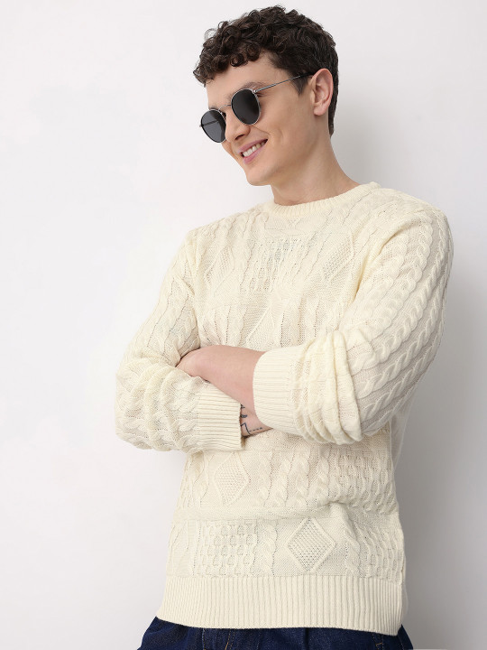 Mast & Harbour Geometric Self Design Cable Knit Pullover