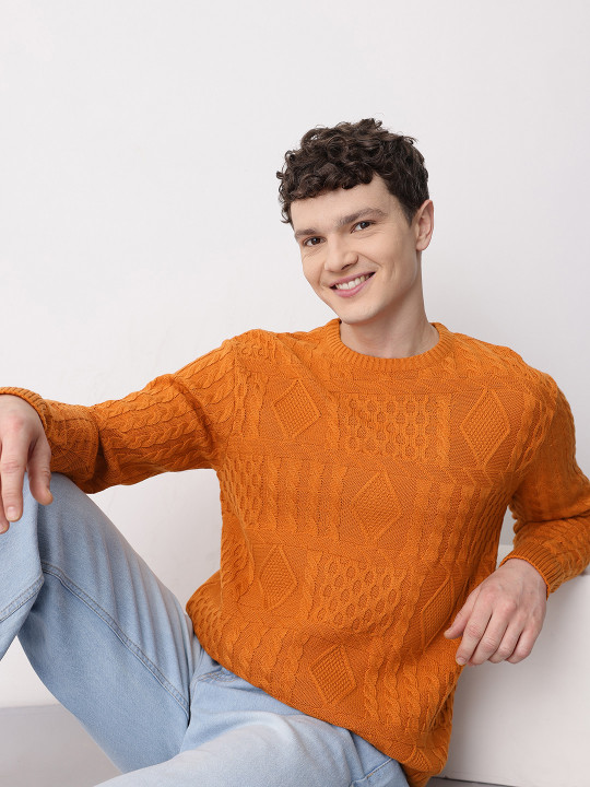 Mast & Harbour Geometric Self Design Cable Knit Pullover