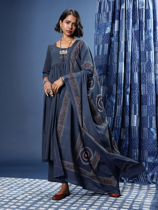 Taavi Ajrakh Pure Cotton A-Line Gathered Kurta With Trousers & Dupatta