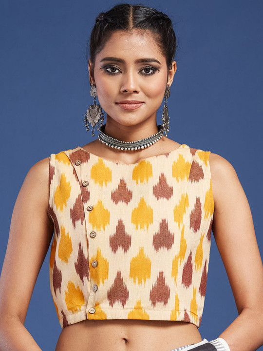 Taavi Women Ikkat Cotton Sleeveless Button-Front Blouse