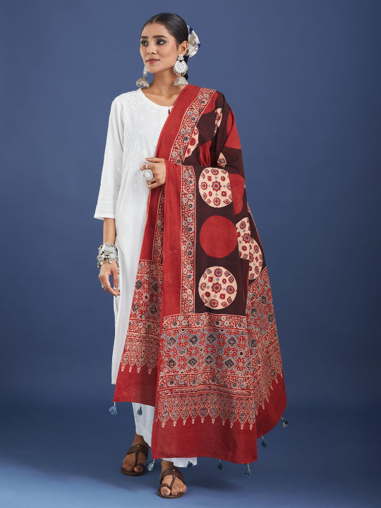 Taavi Geometric Ajrakh Block Printed Pure Cotton Dupatta