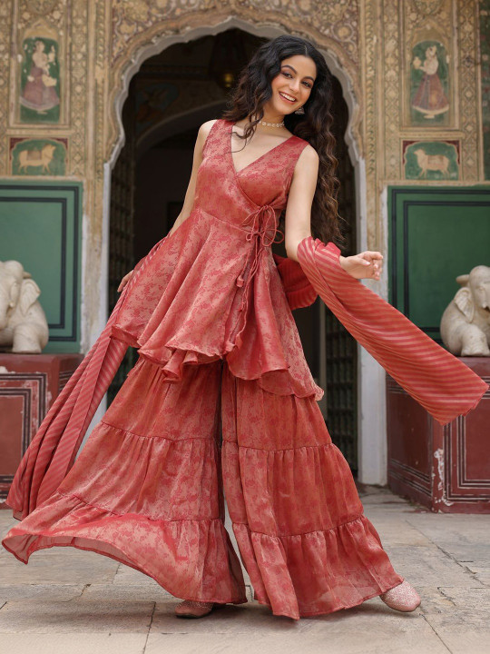 anayna Women Ethnic Motifs Angrakha Kurta with Sharara & With Dupatta