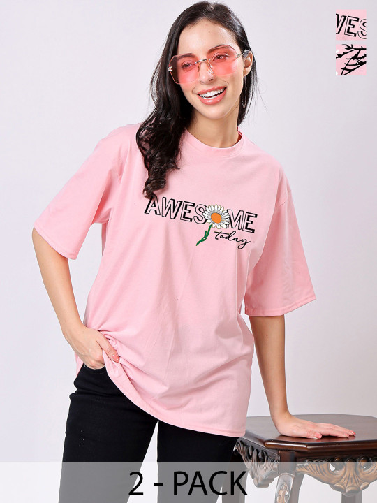 TQH Pack Of 2 Typography Printed Drop Shoulder Sleeves Cotton Oversized T-shirts