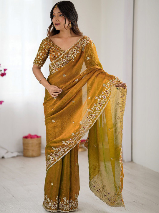 Saree mall Embellished Embroidered Poly Chiffon Heavy Work Sarees