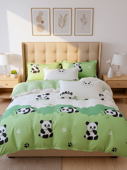 Famyo Beige And Green Animal Printed Double King Bedding Set
