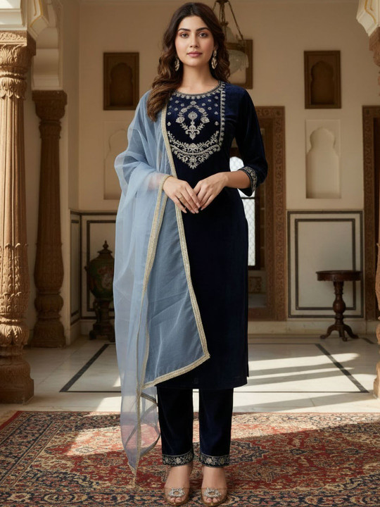 House of Pataudi Embroidered Round Neck Straight Kurta & Trousers Kurta Sets