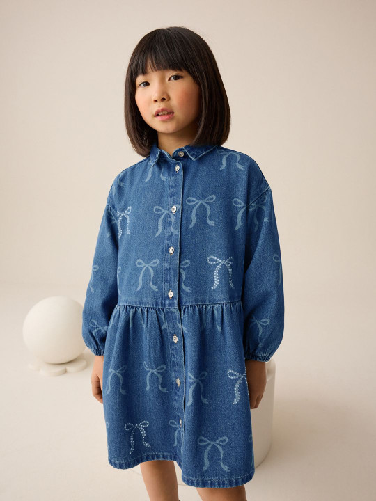 NEXT Girls Print Puff Sleeve Denim A-Line Dress