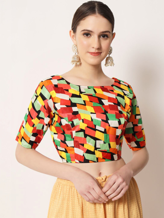 Nigel Designer Printed Cotton Boat Neck Short Sleeves Saree Blouse