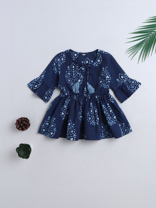 The Magic Wand Floral Print Tie-Up Neck Bell Sleeve Cotton Peplum Top
