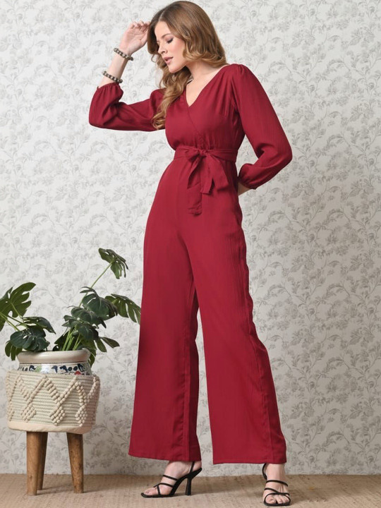 SZN V Neck Long Sleeves Waist Tie-Ups Basic Jumpsuit