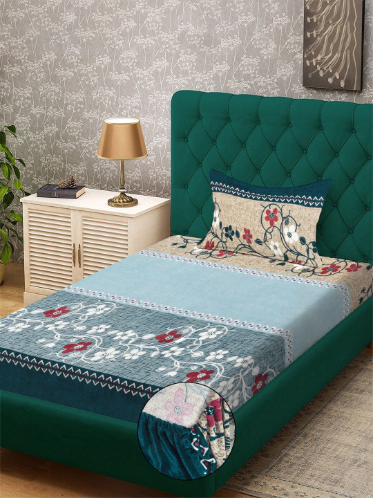 KLOTTHE Blue Floral Printed Fitted 300 TC Woollen Single Bedsheet With Pillow Cover