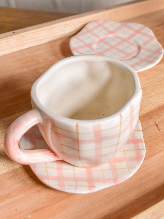 QSHI STUDIO Pink & White Printed Ceramic Glossy Mugs 200 ml