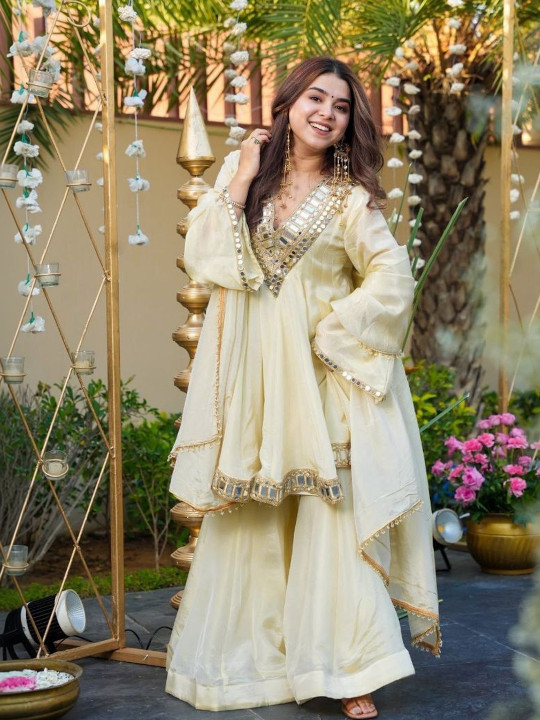 SWORNY FASHION Women Pleated Mirror Work Kurta with Sharara & With Dupatta
