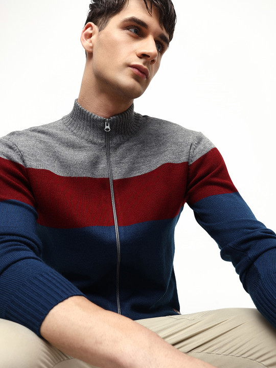 Dennis Lingo Colourblocked Mock Collar Acrylic Front Open Sweater