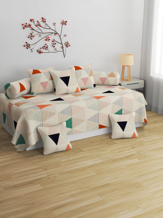 8 Piece Beige & White Printed Bedsheet With 2 Bolster & 5 Cushion Covers