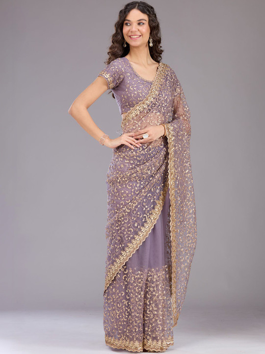 Koskii Women Sequins Lavender Net Saree With Unstitched Blouse