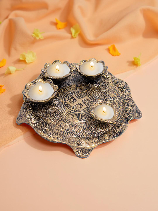 Golden Peacock Gold Toned Metallic Pooja Thali