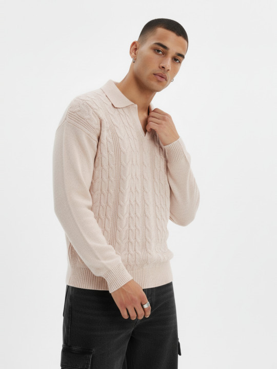 glitchez Self Design Cable Knit Shirt Collar Oversized Pullover