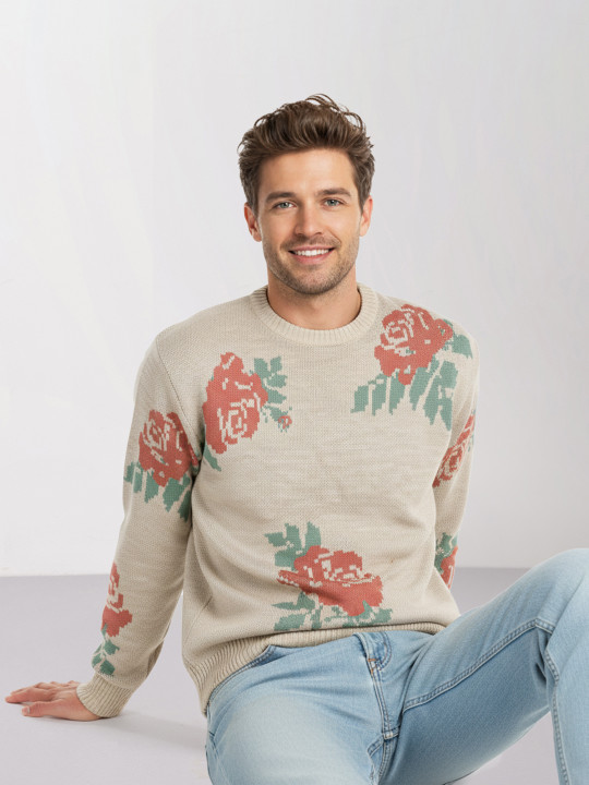 Mast & Harbour Floral Self Design Round Neck Pullover