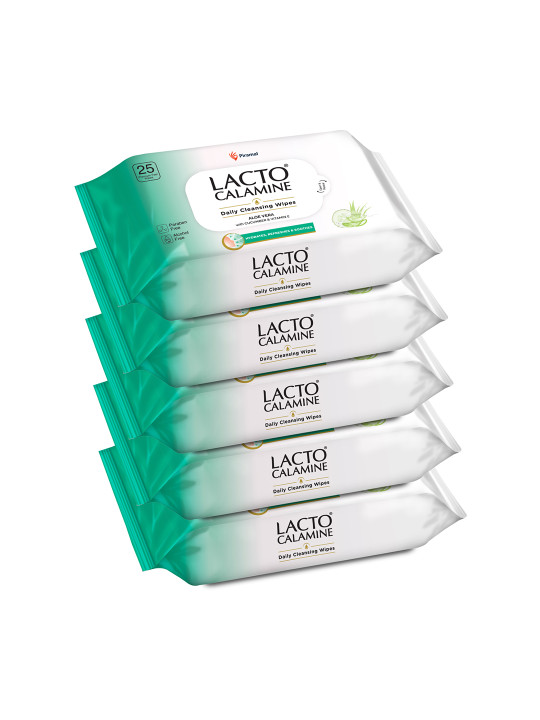 Lacto Calamine Set of 5 Daily Cleansing Wipes with Aloe Vera & Cucumber - 25 Wipes Each