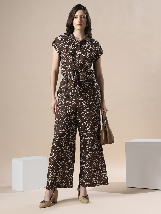 Globus Women Brown Floral Print Collared Neck Cut Out Details Flared Jumpsuit