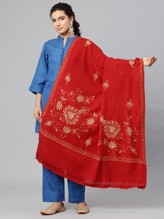 SWI Stylish Ethnic Motifs Embroidered Aari Work Pure Wool Shawl