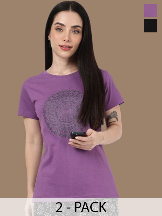 Kryptic Women Pack Of 2 Relaxed Fit Printed Pure Cotton Lounge Tshirts