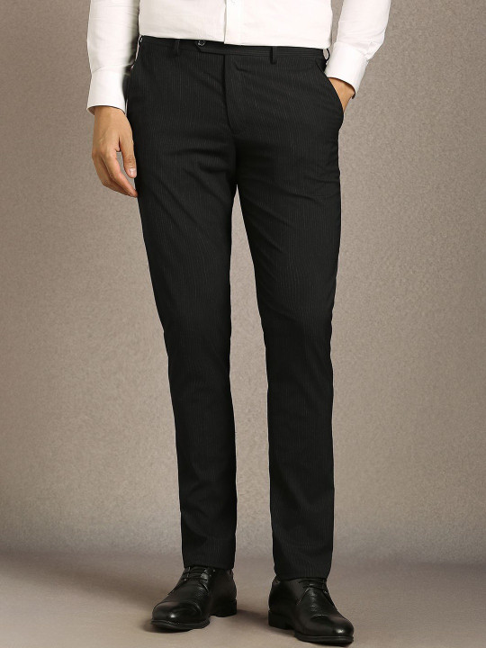 Louis Philippe Men Textured Striped Slim Fit Trousers