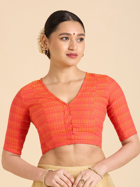 Studio Shringaar Pure Cotton Checked V Neck Saree Blouse