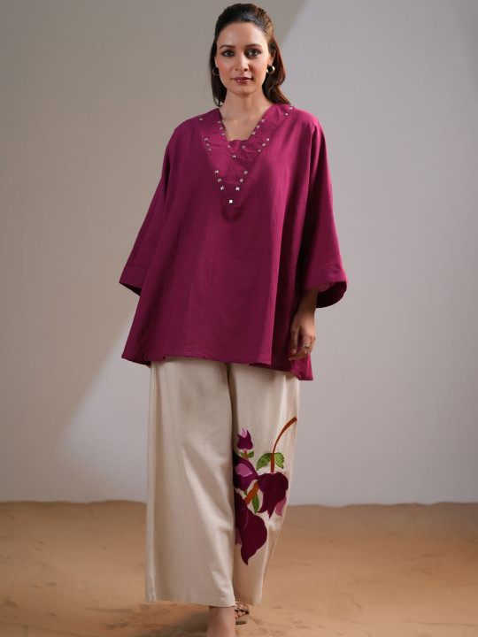 Kaftanize Embellished V-Neck Kaftan Top With Palazzo Co-Ord Set