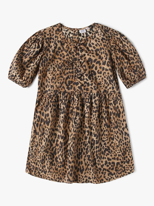 GAP Girls Leopard Print Pure Cotton Round Neck A-Line Dress
