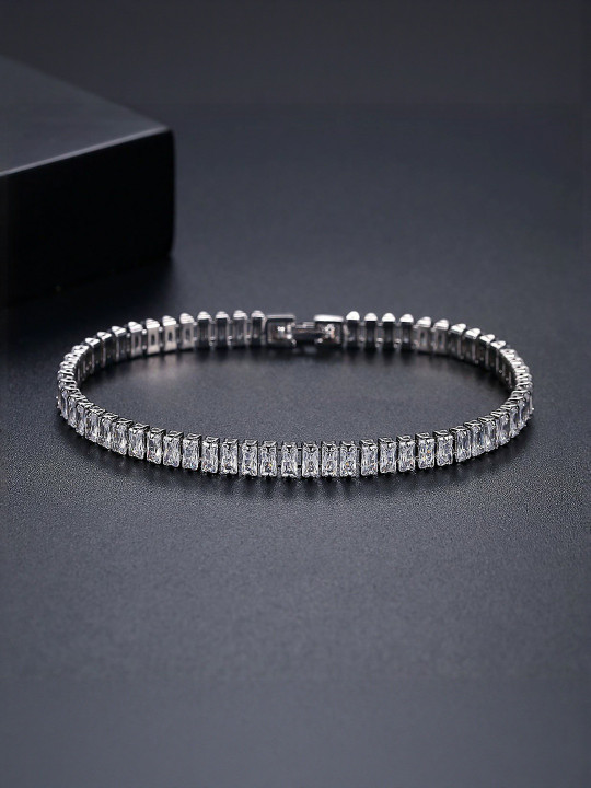 Fashion Frill Stainless Steel Silver-Plated Artificial Stones Studded Link Bracelet